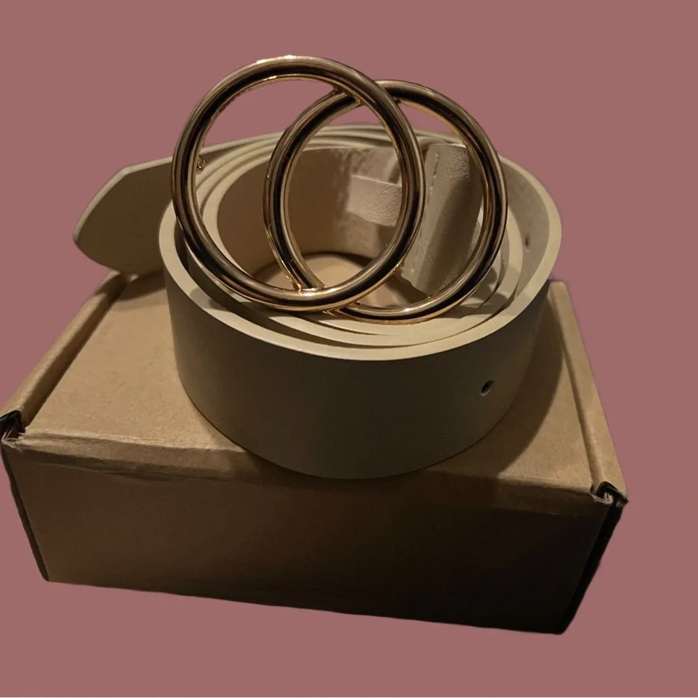 Golden Double Circle Buckle Elegant Cream Ivory Belt NWT NEW work school
